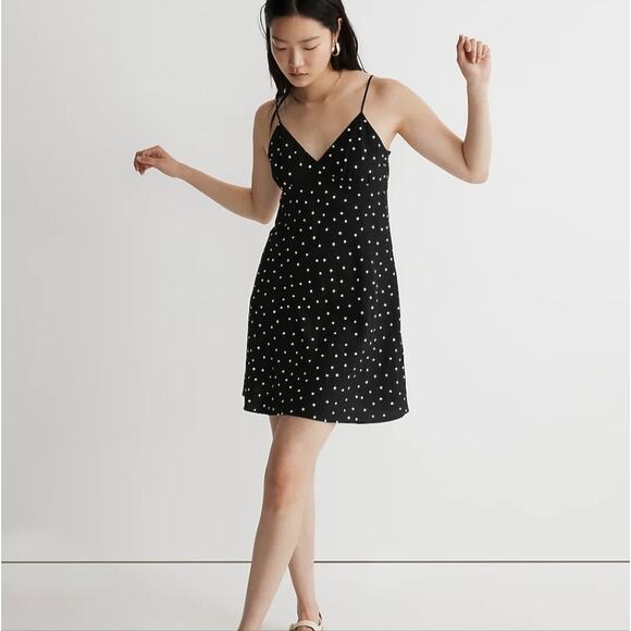 NWT Madewell Polka Dot Mini Slip Dress 00 | Black V-Neck Layton Viscose - Picture 1 of 10